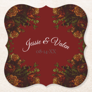 Rustic Orange Red Fall Elegant Gothic Wedding Paper Coaster