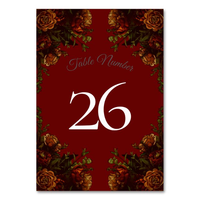 Rustic Orange Red Fall Elegant Gothic Wedding Table Number (Back)