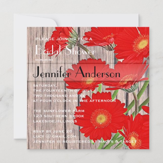 Rustic Orange Red Gerbera Country Bridal Shower Invitation (Front)