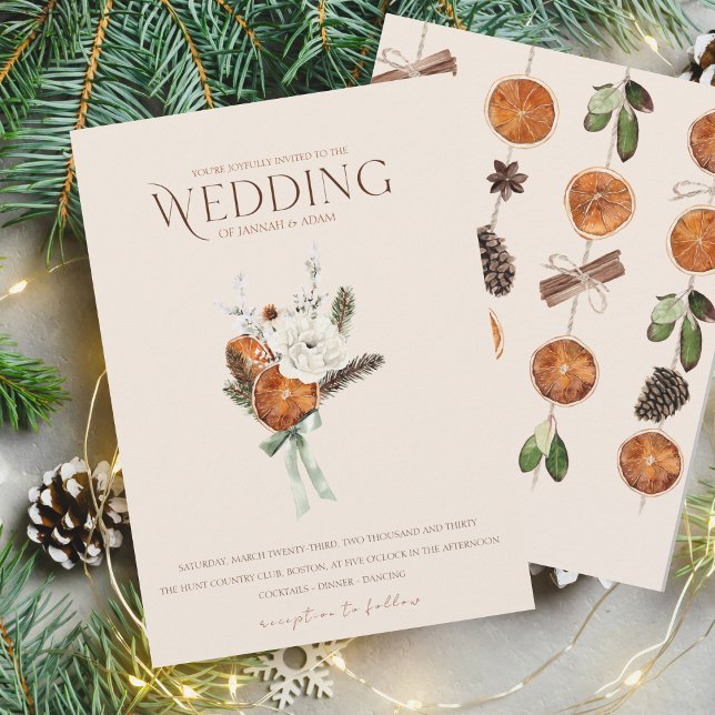 Rustic Orange Slices White Flowers Wedding Invitation (Winter Orange Slices Dried Citrus Cinnamon Wedding Invitation)
