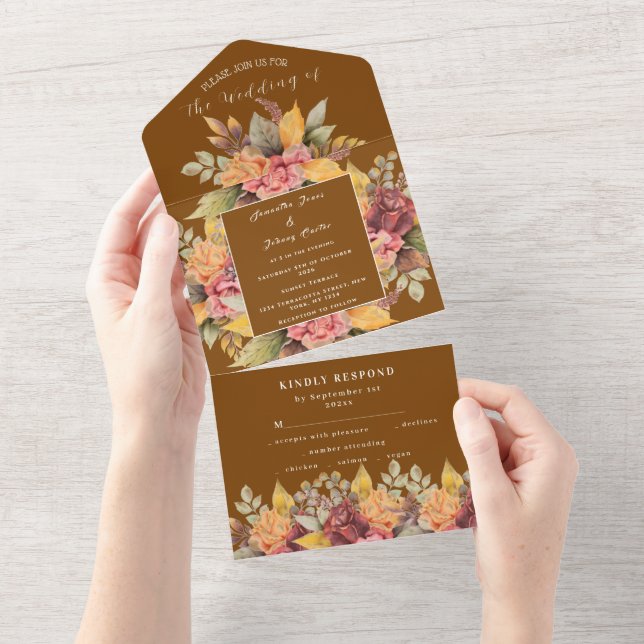 Rustic Orange Terracotta Fall Boho Wedding RSVP All In One Invitation (Tearaway)