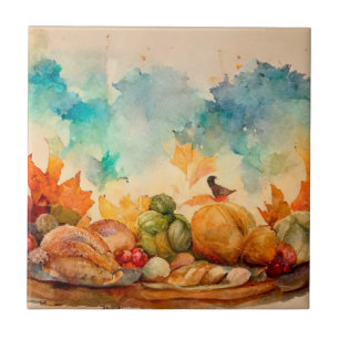 Rustic Orange Vintage Watercolor Fall Pumpkin Tile