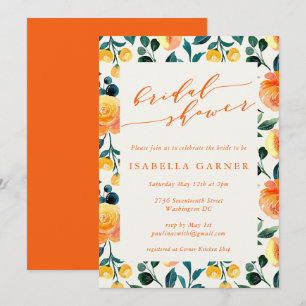 Rustic Orange Watercolor Botanical Bridal Shower  Invitation