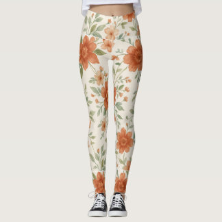Rustic Orange Watercolor Floral Pattern Leggings