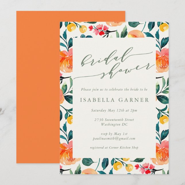 Rustic Orange Watercolor Flowers Bridal Shower Invitation (Front/Back)