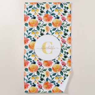 Rustic Orange Watercolor Flowers Monogram Beach Towel