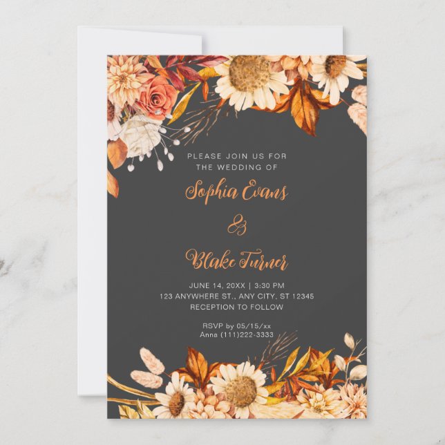 Rustic Orange White Flowers Boho Grey Wedding Invitation (Front)