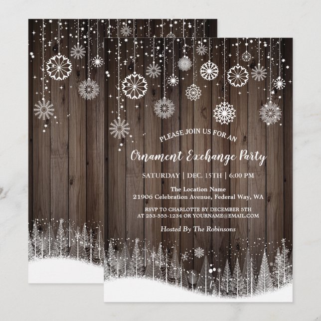 Rustic Ornament Exchange Christmas Invitation (Front/Back)