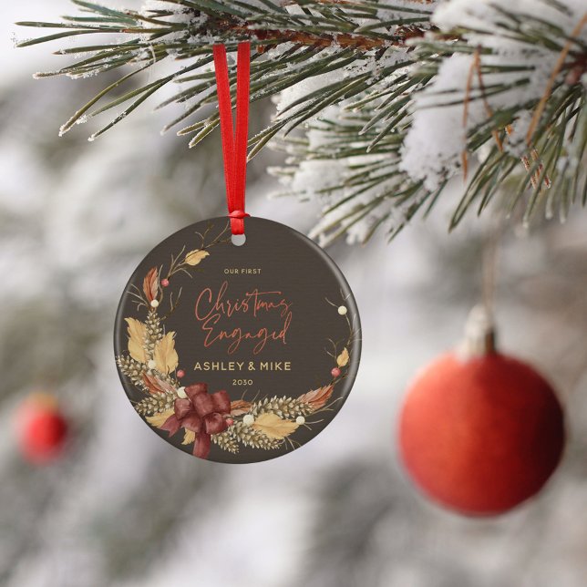 Rustic Our First Christmas Engaged Copper Photo Ceramic Ornament (Creator Uploaded)