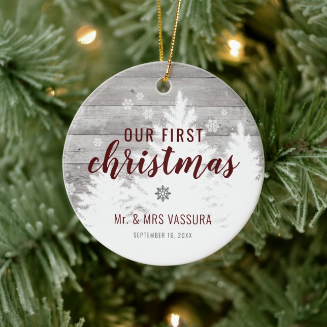 Rustic Our First Christmas Mr and Mrs Photo Ceramic Ornament (Tree)