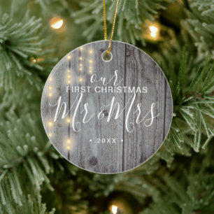Rustic Our First Christmas Mr. Mrs. Photo Ceramic Ornament