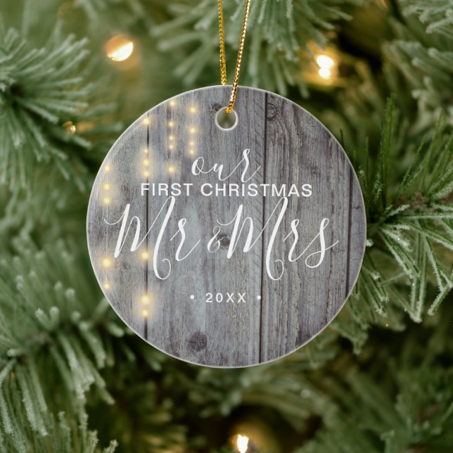 Rustic Our First Christmas Mr. Mrs. Photo Ceramic Ornament (Tree)