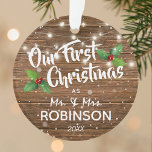 Rustic Our First Christmas Mr & Mrs Photo Ornament<br><div class="desc">Our first christmas tree ornament as mr. & mrs. featuring a rustic wooden background,  holly,  snowflakes,  string lights,  your name,  and the year. On the reverse is a photo of the newlyweds.</div>