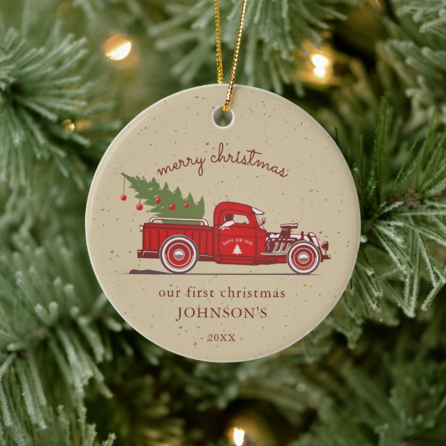 Rustic Our First Christmas Red Truck Name Photo Ceramic Ornament (Tree)