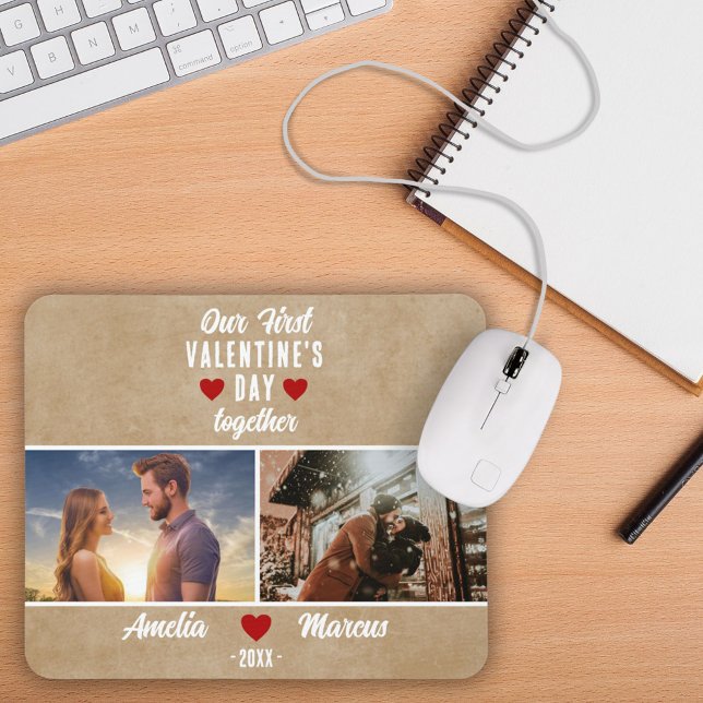 Rustic Our First Valentine's Day Together 2 Photos Mouse Pad (Creator Uploaded)