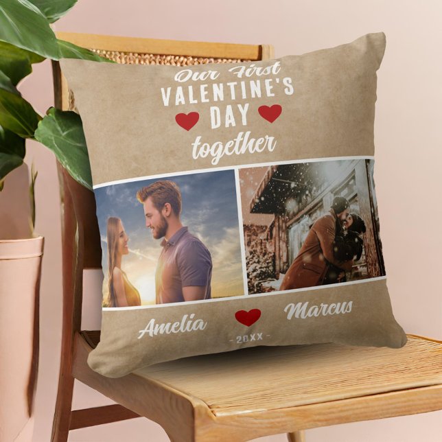 Rustic Our First Valentine's Day Together 2 Photos Throw Pillow (Creator Uploaded)
