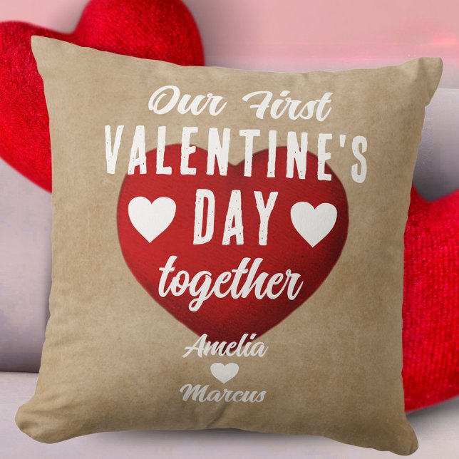Rustic Our First Valentine's Day Together Heart Throw Pillow (Creator Uploaded)