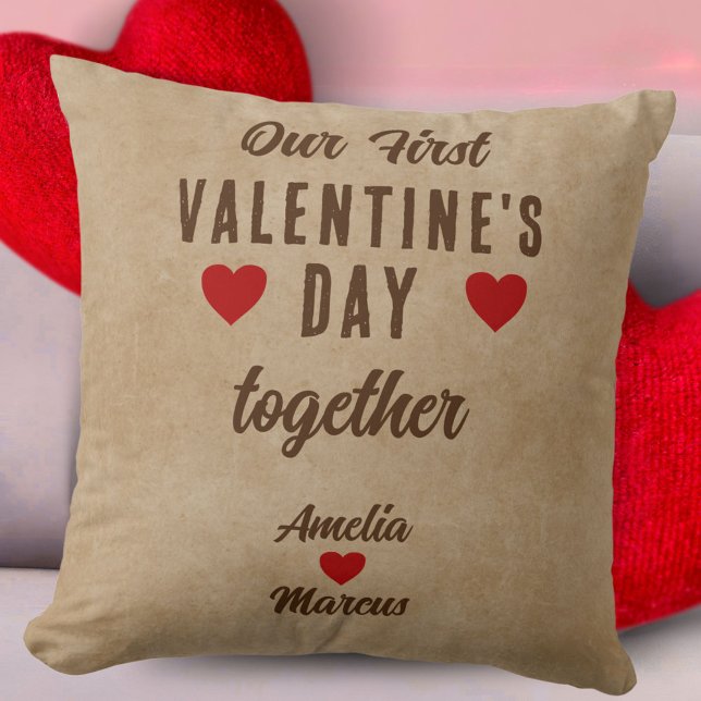 Rustic Our First Valentine's Day Together Heart Throw Pillow (Creator Uploaded)