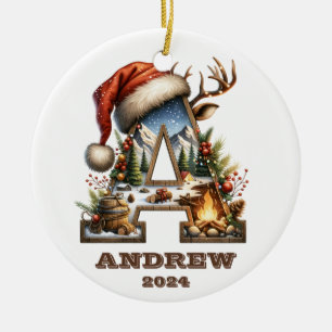 Rustic Outdoor Letter A Holiday Adventure Ceramic Ornament