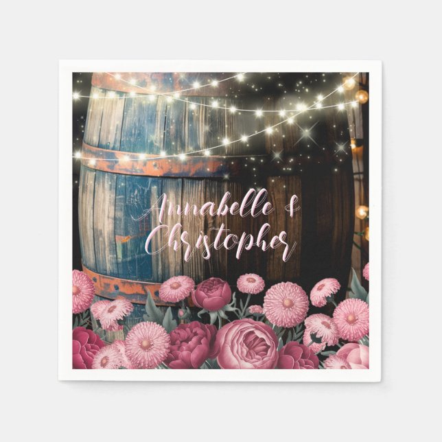 Rustic Outdoor Whimsical Whiskey Barrel Wedding Napkin (Front)
