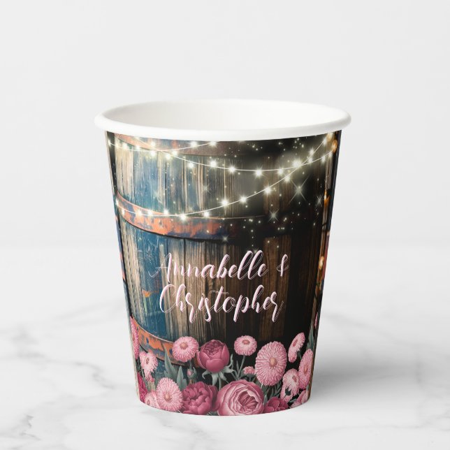Rustic Outdoor Whimsical Whiskey Barrel Wedding Paper Cups (Front)