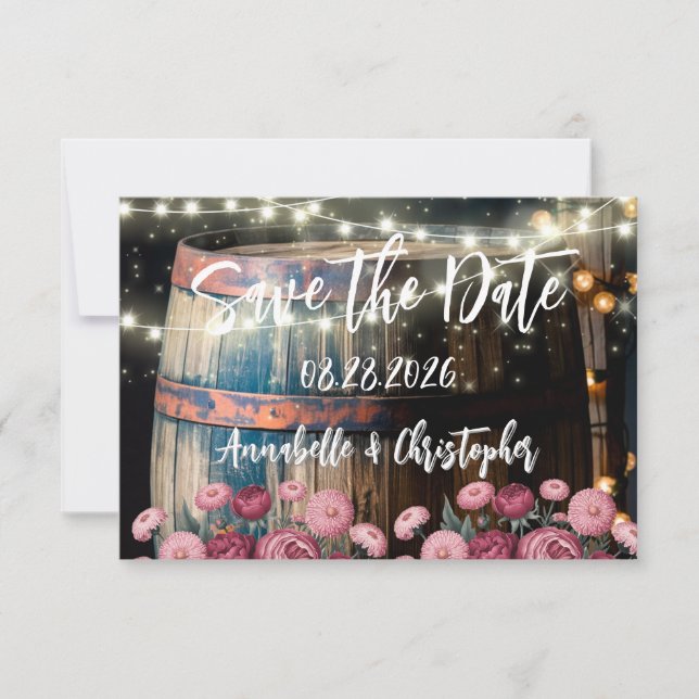 Rustic Outdoor Whiskey Barrel  Save The Date (Front)