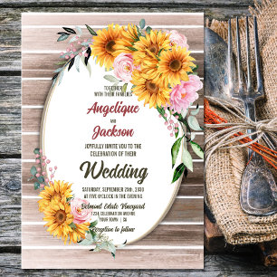 Rustic Oval Wood Sunflower Wedding Invitation