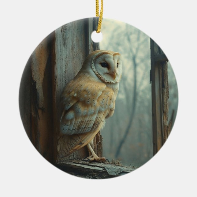 Rustic Owl In The Window Art Ceramic Ornament (Front)