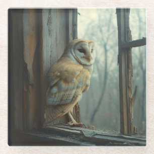 Rustic Owl In The Window Art Glass Coaster