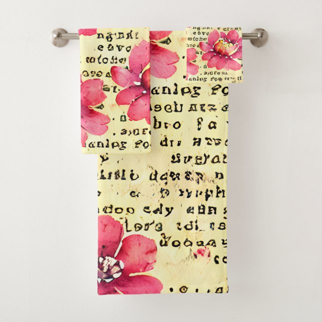 Rustic painted background with floral and letters bath towel set (Insitu)