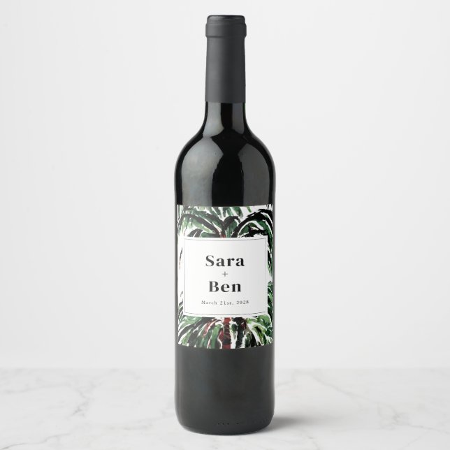 Rustic Painted Palm Trees Beach Wedding Wine Label (Front)