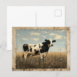 Rustic Painting of a Cow in a Sunlit Meadow Postcard