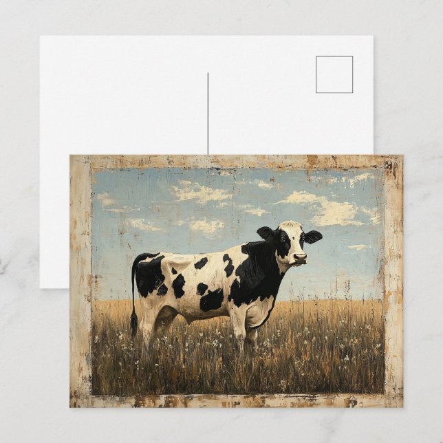 Rustic Painting of a Cow in a Sunlit Meadow Postcard (Front/Back)