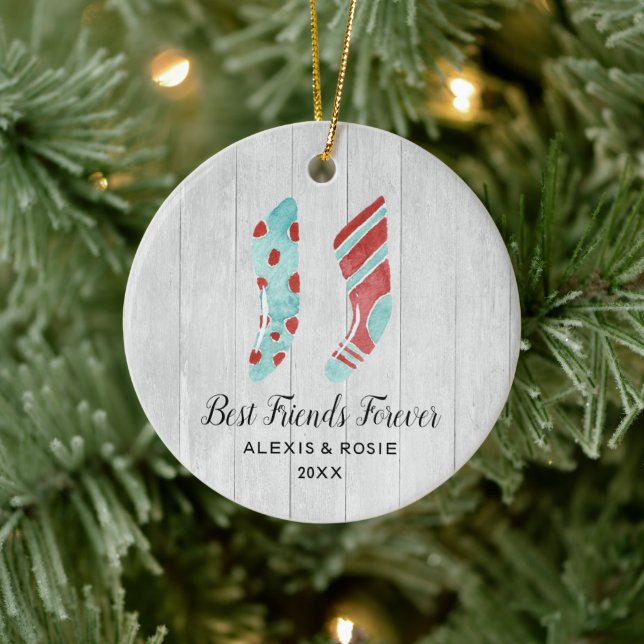 Rustic Pair of Stockings Personalized Best Friends Ceramic Ornament (Tree)