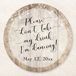 Rustic Pale Brown Wood & Lights, "I'm Dancing" Round Paper Coaster