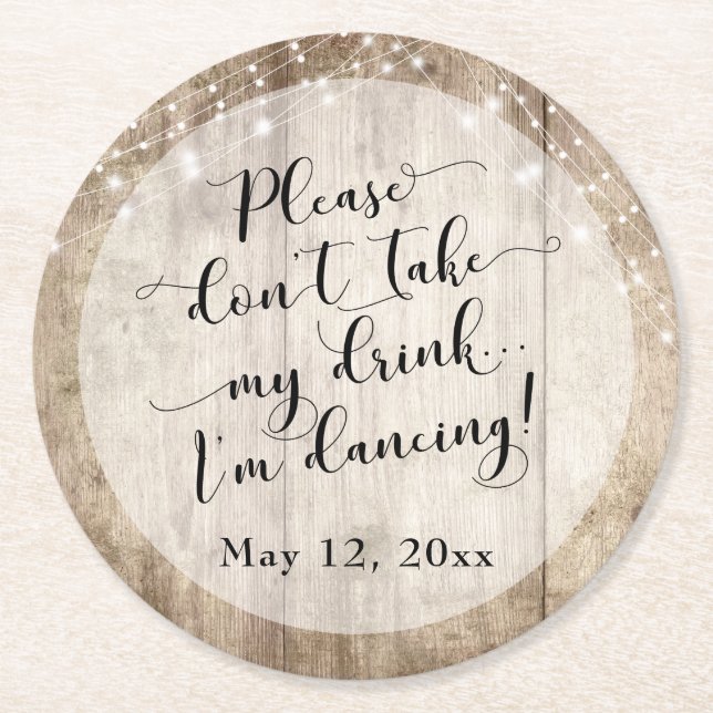 Rustic Pale Brown Wood & Lights, "I'm Dancing" Round Paper Coaster (Front)