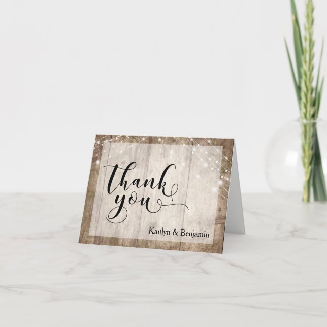 Rustic Pale Brown Wood & White Lights Thank You Card (Front)