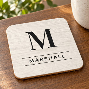 Rustic Pale Wood Serif Monogram Name Coaster