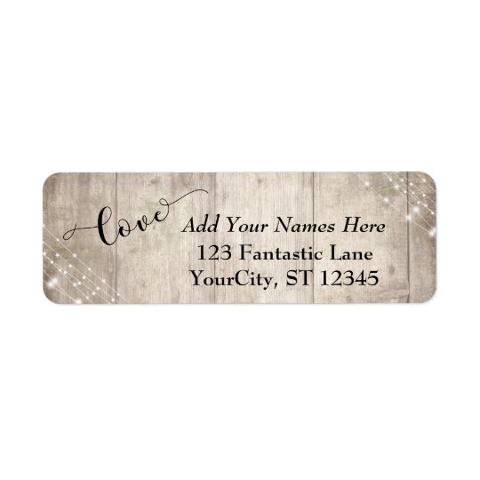 Rustic Pale Wood w/ Lights, "Love" Wedding 3 Return Address Label