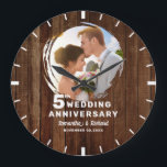 Rustic Pallet Wood 5th Wedding Anniversary Photo   Large Clock<br><div class="desc">Commemorate 5 years together with this rustic pallet wood clock,  personalized with your special photo. The rich wood grain background adds warmth and charm,  making it a meaningful keepsake for celebrating 5 years of love.</div>