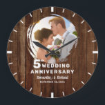 Rustic Pallet Wood 5th Wedding Anniversary Photo   Large Clock<br><div class="desc">Commemorate 5 years together with this rustic pallet wood clock,  personalized with your special photo. The rich wood grain background adds warmth and charm,  making it a meaningful keepsake for celebrating 5 years of love.</div>