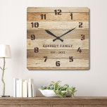 Rustic Pallet Wood Family Name Farmhouse Square Wall Clock<br><div class="desc">Simple rustic wood farmhouse wall clock personalized with family name and established year. Makes a thoughtful gift for housewarming, holidays and weddings.</div>