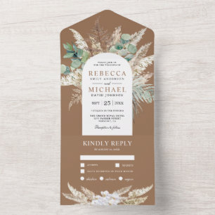 Rustic Pampas Eucalyptus Arch Beige Tan Wedding All In One Invitation