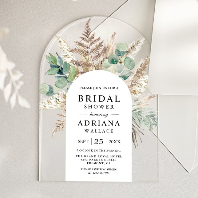 Rustic Pampas Eucalyptus Arch Bridal Shower Acrylic Invitations (Creator Uploaded)