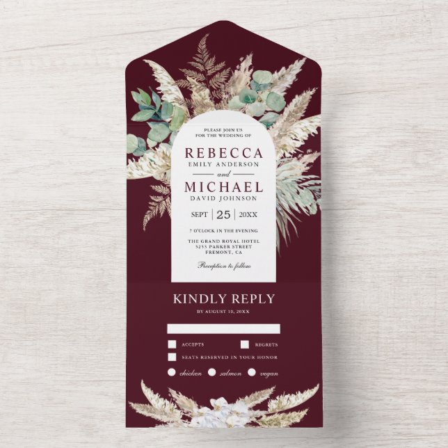 Rustic Pampas Eucalyptus Arch Burgundy Wedding All In One Invitation (Inside)