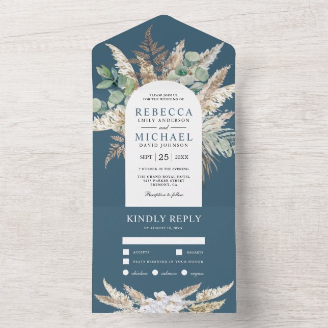 Rustic Pampas Eucalyptus Arch Dusty Blue Wedding All In One Invitation (Inside)