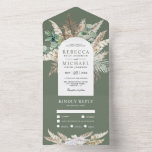 Rustic Pampas Eucalyptus Arch Sage Green Wedding All In One Invitation