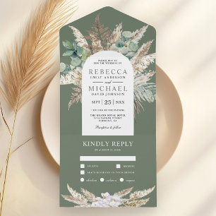 Rustic Pampas Eucalyptus Arch Sage Green Wedding All In One Invitation
