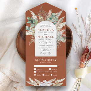 Rustic Pampas Eucalyptus Arch Terracotta Wedding All In One Invitation
