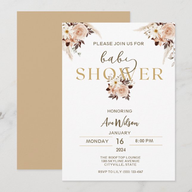 Rustic Pampas Grass Boho baby shower invitations (Front/Back)